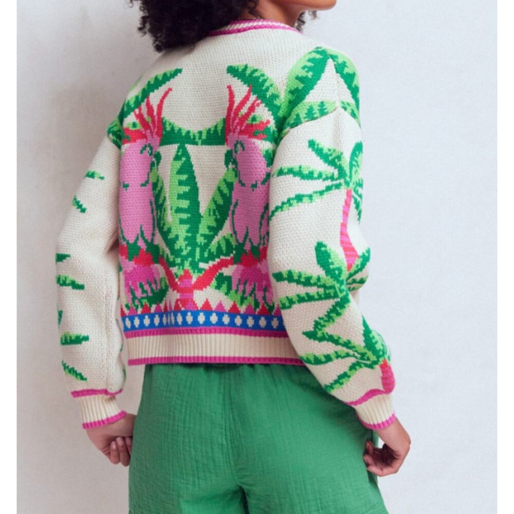Boden Abi Jacquard Long Sleeve Cardigan Sweater Warm Ivory Palm Tree Birds XS - Picture 5 of 8
